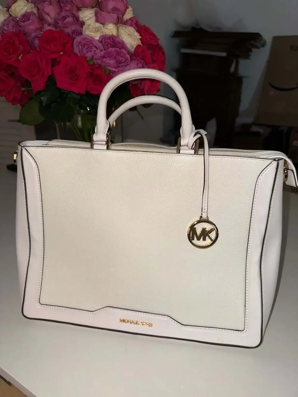 Michael Kors Jessie Large Optic White Pebbled Leather Satchel Tote Bag